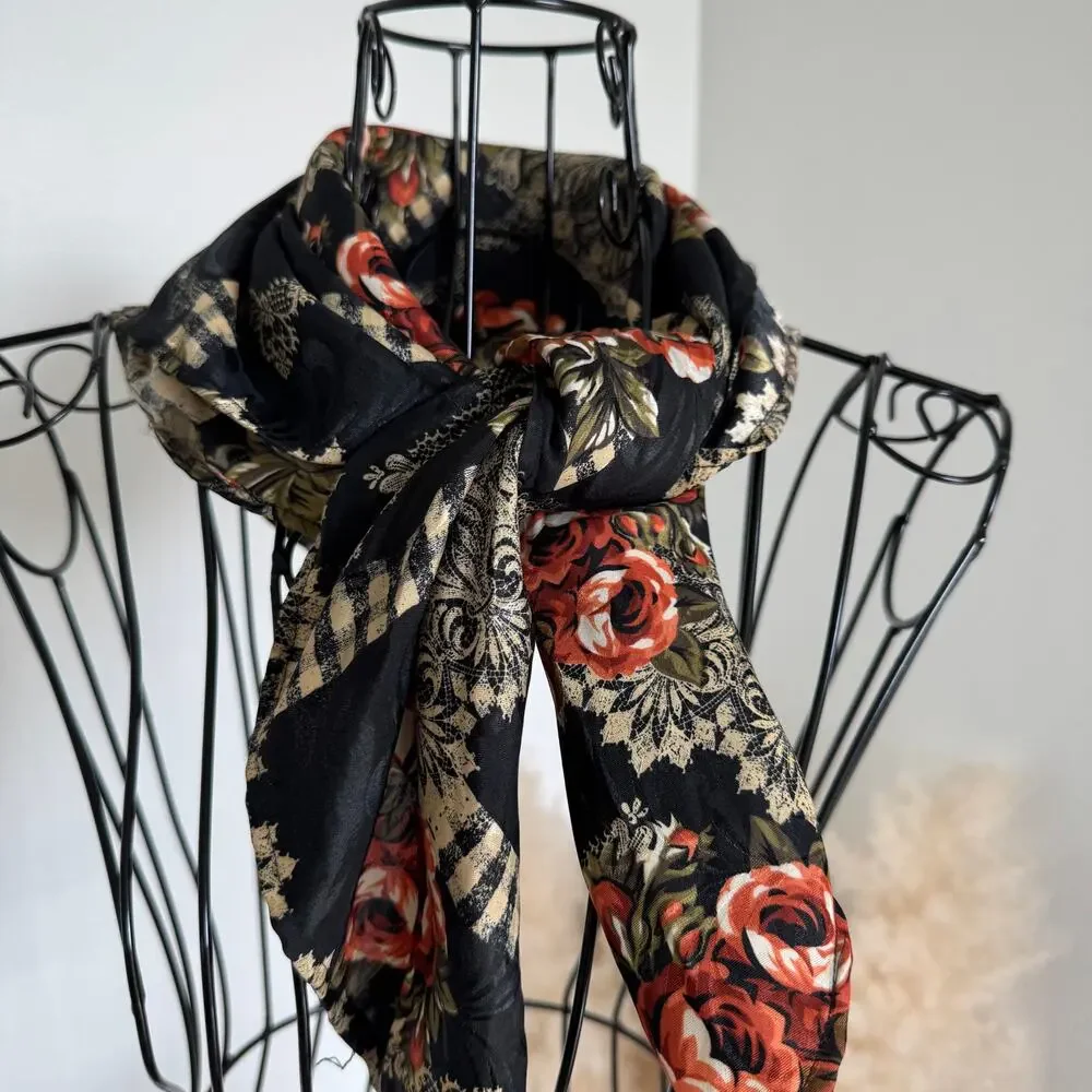 Vintage Black Floral Satin Lightweight Boho Cottage Square Scarf